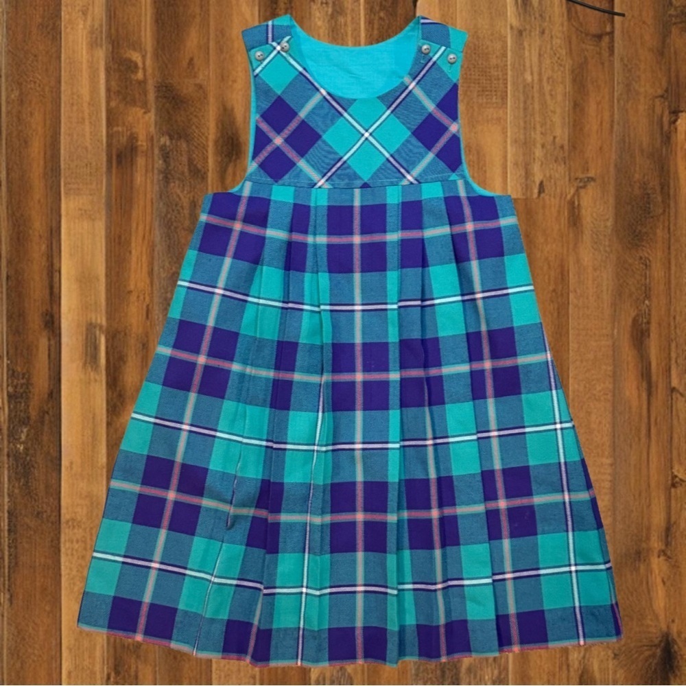 90s Plaid Schoolgirl Pinafore Dress • Teal & Purple Tartan • Size 7
